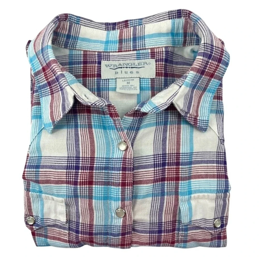 Wrangler Blues Shirt Womens Medium Long Sleeve Pearl Snap Plaid Purple Blue Red - Picture 2 of 9